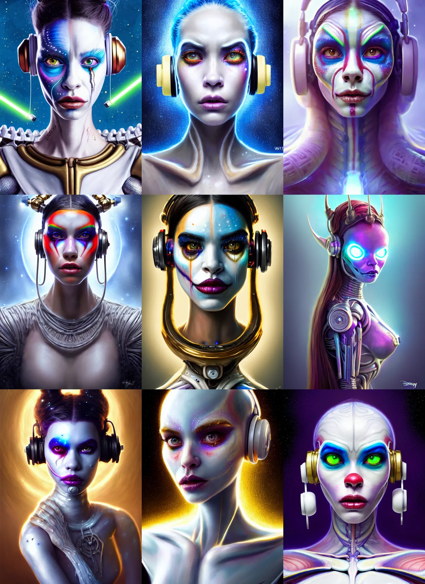 Prompt: bright white polished galactic clowncore weta cyborg : : disney pixar star wars portrait, soft devil queen madison beer, bling earbuds, hi - fructose, sci - fi fantasy intricate decadent highly - detailed digital painting, golden ratio, octane render, artstation, concept art, smooth, sharp focus, illustration, artgerm, mucha, loish, wlop