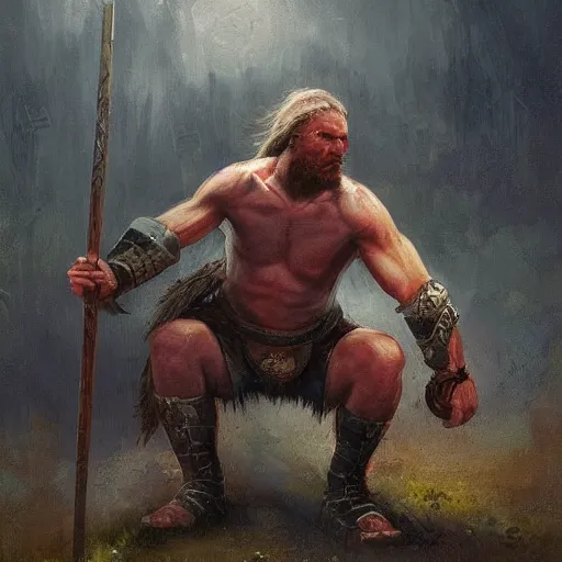 Prompt: Scandinavian berserker on his knees, painting by Diego Gisbert Llorens