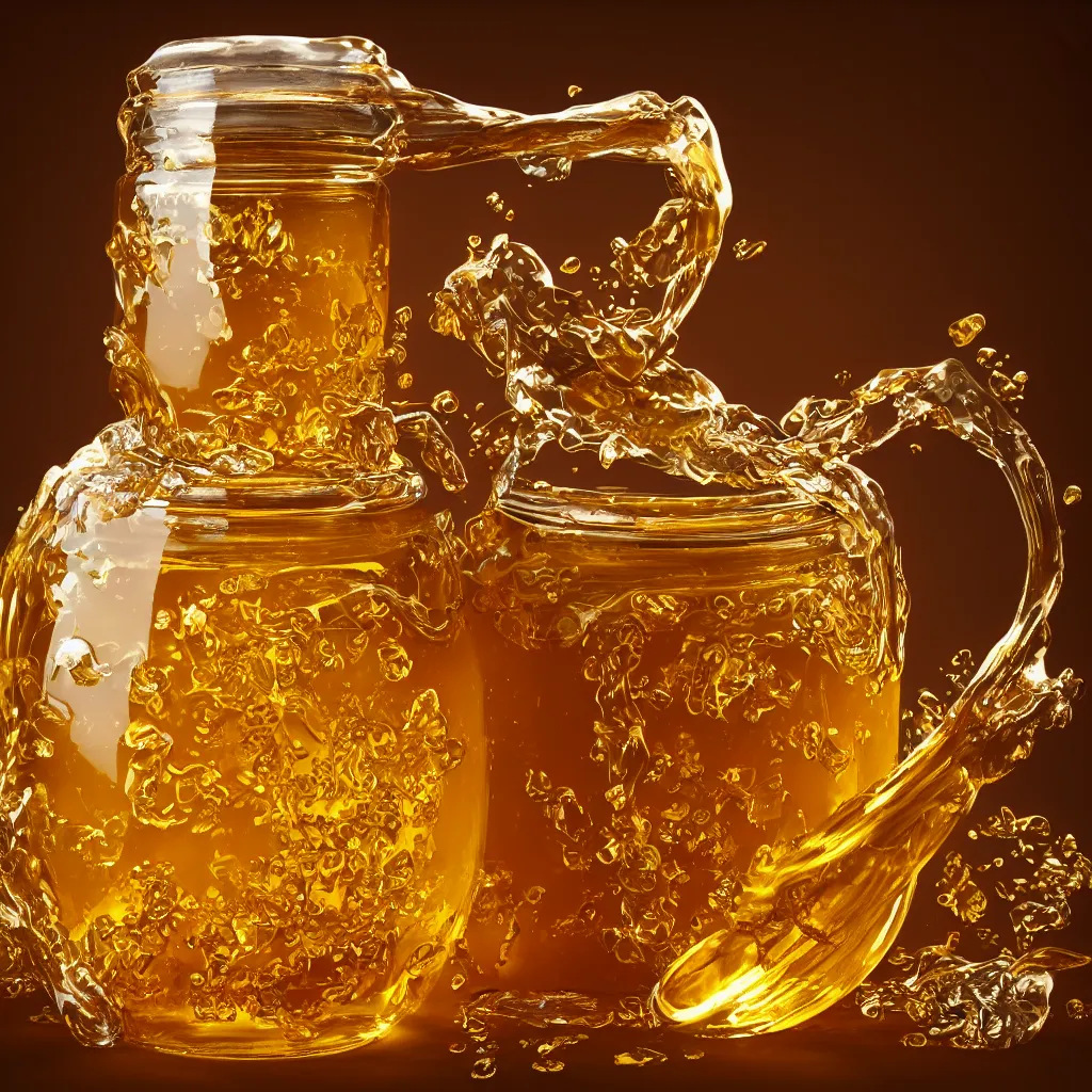 Prompt: elaborate honey jar, golden glistening, light bloom, octane render, product photography, studio photography