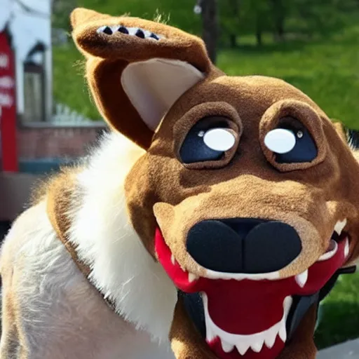 Image similar to a furry dog named chompers with human teeth and his mouth open, highly detailed, very realistic, extra large