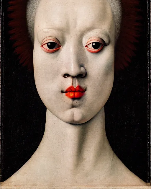 Prompt: symmetrical close - up portrait of a woman face with blue frizzy hair, wearing a embroidered black mask by alexander mcqueen, bjork aesthetic, masterpiece, in the style of rogier van der weyden and jacopo da pontormo, punk, asian art