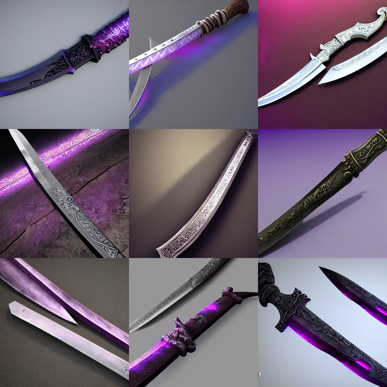 Prompt: european long sword, narrow blade, vertical running runes on the blade, inscriptions on the blade, highly detailed, 4 k, 8 k, intrinsic design, light purple aura, cinematic lighting, dark grey tint metal, octane render, artstation