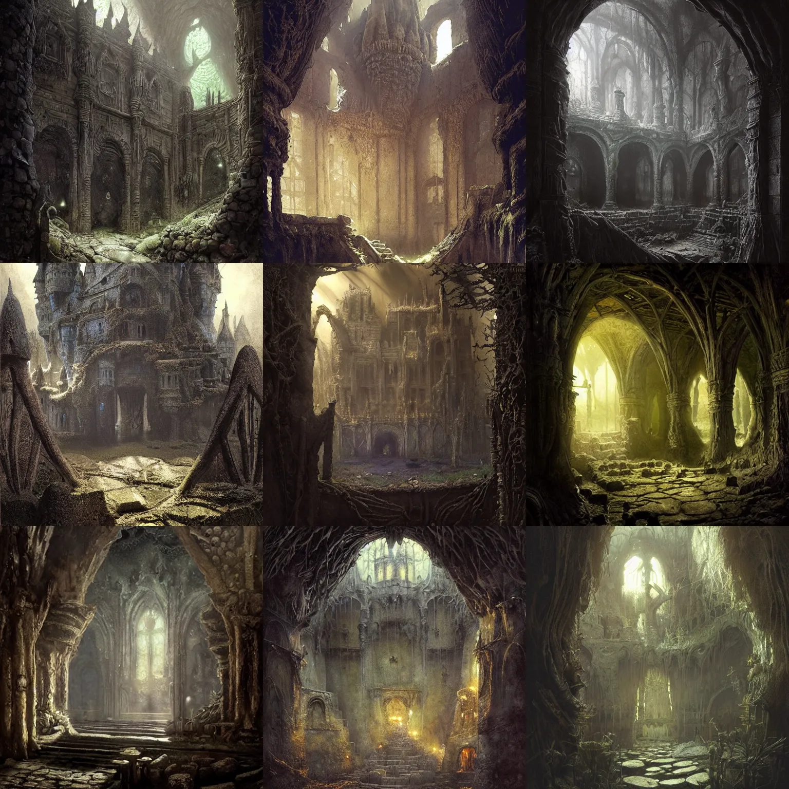 Prompt: an ancient, dark, mystical, fairy castle ( made from mud, plants, arth and stones ) under the ground. light caustics effect, shady, eerie, high contrasts, atmospheric, siluettes, illustration by greg rutkowski, john anster fitzgerald, rembrandt, alan lee and marc simonetti