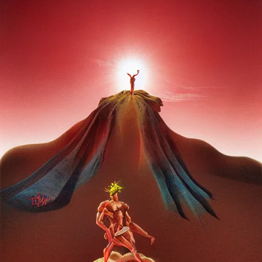 Prompt: journey of Bucolic gaze sand Desert Deity under crimson azure diamond sky, in the style of Frank Frazetta, Jeff Easley, Caravaggio, extremely clear and coherent, clear lines, 8K revolution