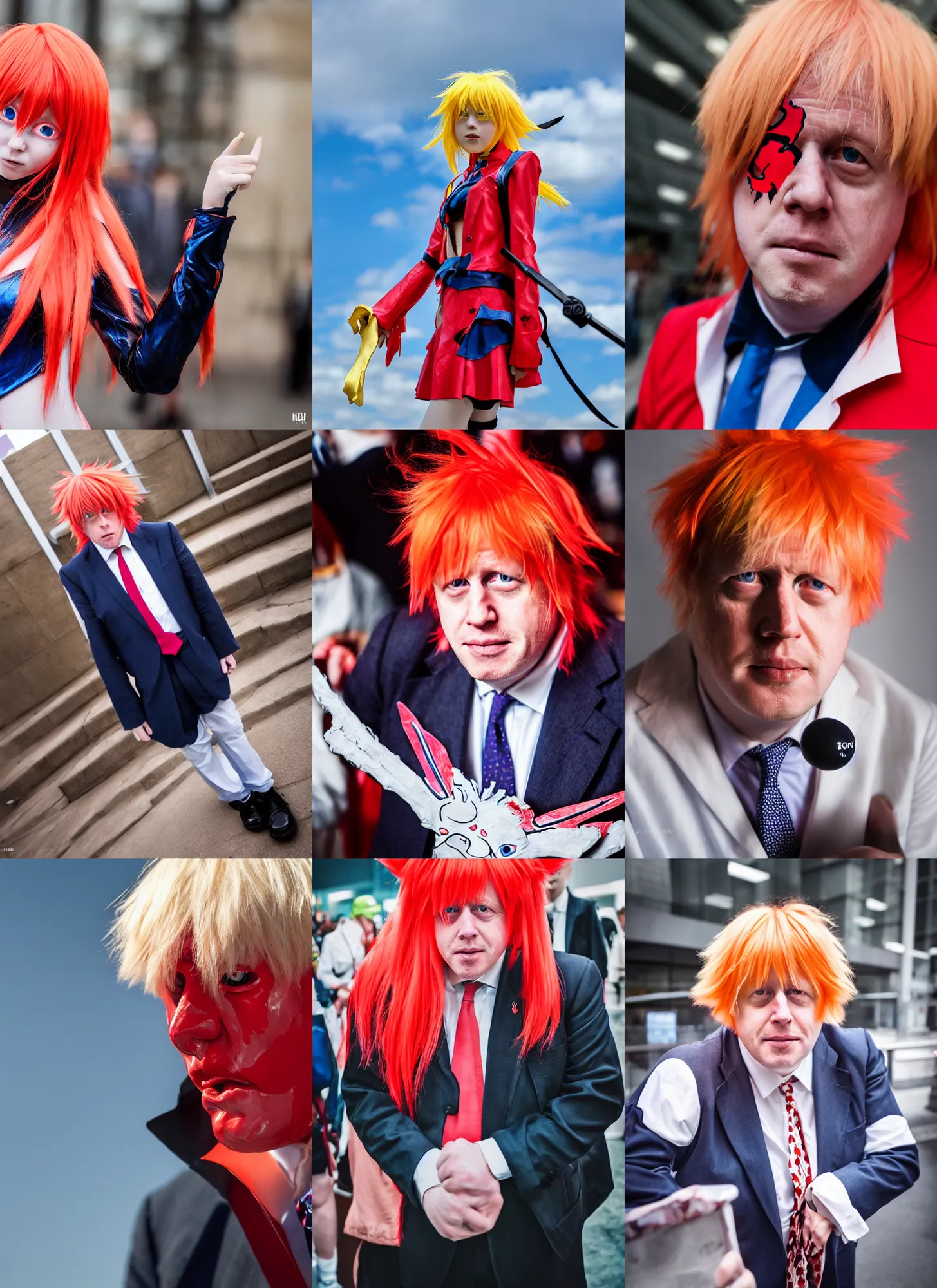 Prompt: boris johnson cosplaying as asuka langley, anime convention, portrait photography, high quality, detailed, sigma 8 5 mm