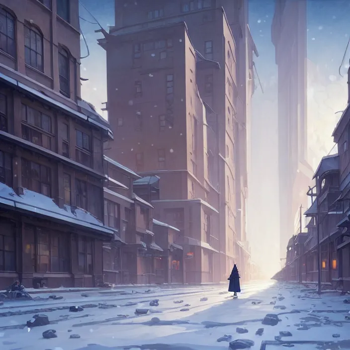 Prompt: empty huge city, winter, in the style of studio ghibli, j. c. leyendecker, greg rutkowski, artem