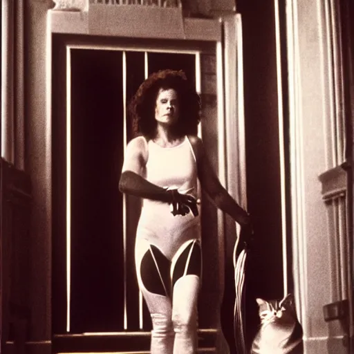 Image similar to detailed professional photographic portrait of Sigourney Weaver as ripley wearing a white singlet and her cat Jonesy moving apartment New York City 1983, gothic building entrance way Art Deco light style of H.R. Giger, cinematic feel, high octane