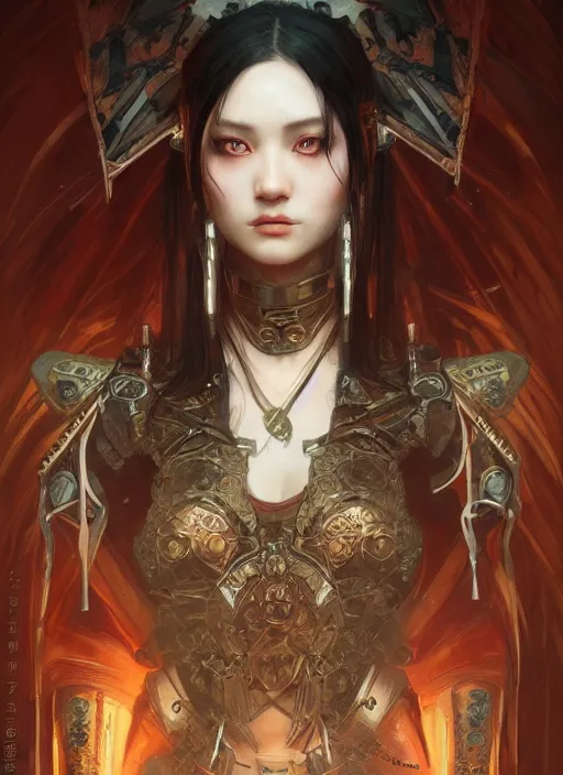 Prompt: portrait of beautiful pale gothic asian maiden, warhammer 40000, cyberpunk, intricate, elegant, highly detailed, digital painting, artstation, concept art, smooth, sharp focus, illustration, art by artgerm and greg rutkowski and alphonse mucha and Gustav Klimt