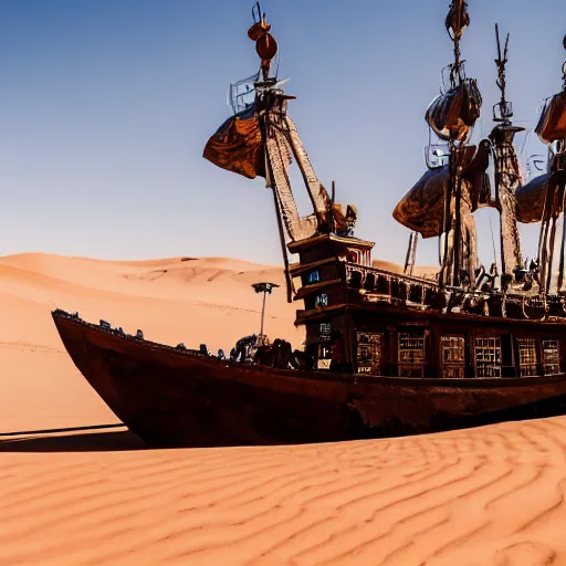 Prompt: pirate ship in the middle of the sahara desert, canon eos r 3, iso 2 0 0, 1 / 1 6 0 s, 8 k, raw, unedited, symmetrical balance, wide angle