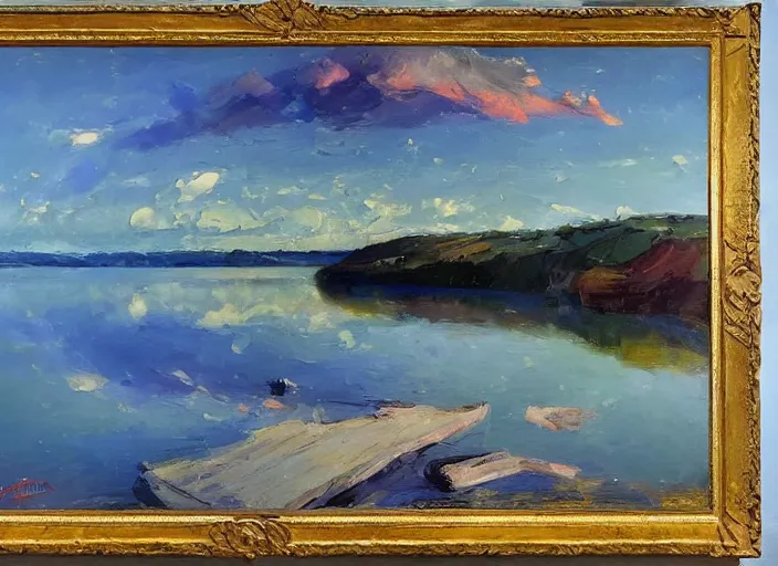 Prompt: palette knife, impasto oil painting of silent calm lake shore by hans hofmann, thick paint brush strokes, art by anders zorn, wonderful masterpiece by greg rutkowski, beautiful cinematic light, american romanticism by greg manchess, creation by tyler edlin