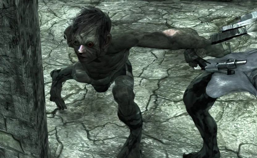 Prompt: a screenshot of gollum as solid snake in metal gear solid 3,