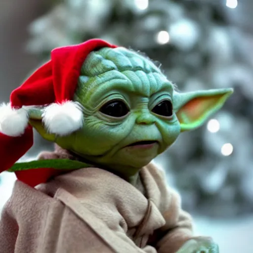 Prompt: , baby yoda wears a christmas outfit in front of a christmas tree. there is snow everywhere. realism, 8 k, 4 k, mandalorian ( tv ).