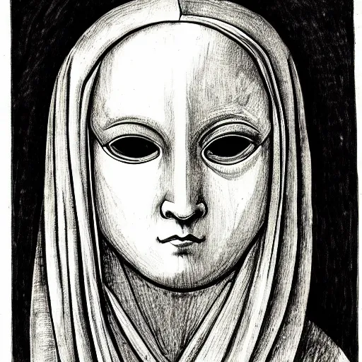 Image similar to an ink drawing of da vinci style white tragedy mask, intimidating glare