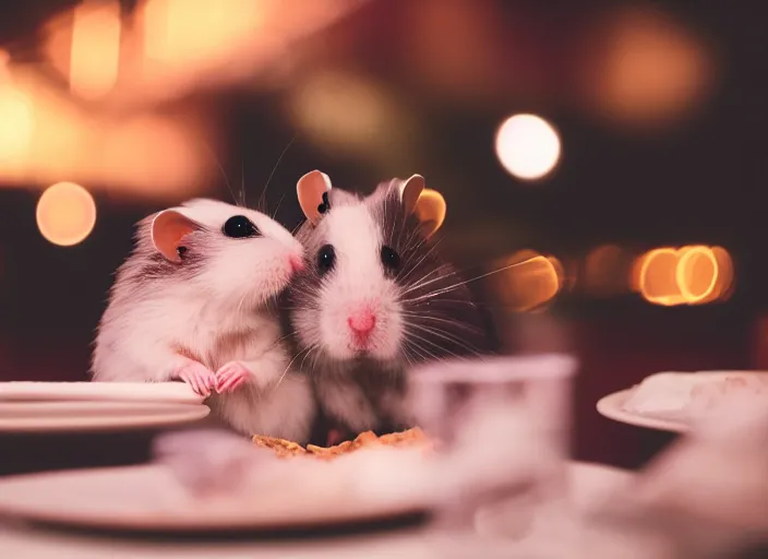 Prompt: photo of a hamsters on a date, kissing, at night, romantic, faded colors, candlelit restaurant table, cinematic color grading, various poses, soft light, centered, sharp focus, 8 k