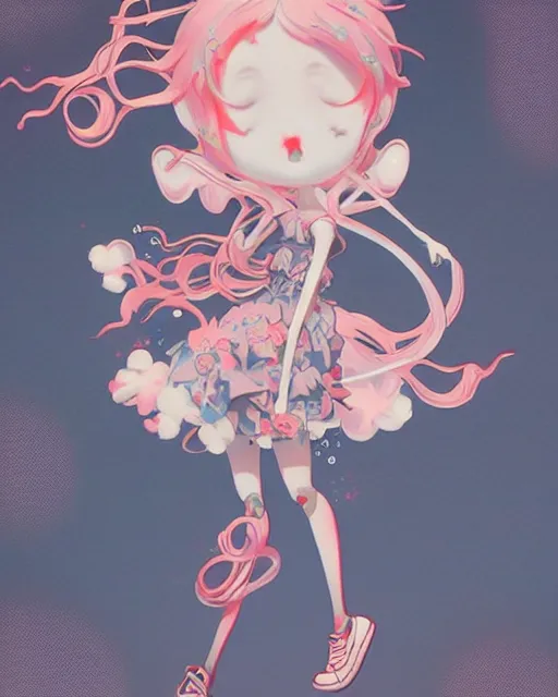 Image similar to james jean isolated vinyl figure harajuku magical girl character design, figure photography, dynamic pose, holographic undertones, motion shapes color design, glitter accents on figure, anime stylized, sharp focus, accurate fictional proportions, high delicate defined details, ethereal lighting