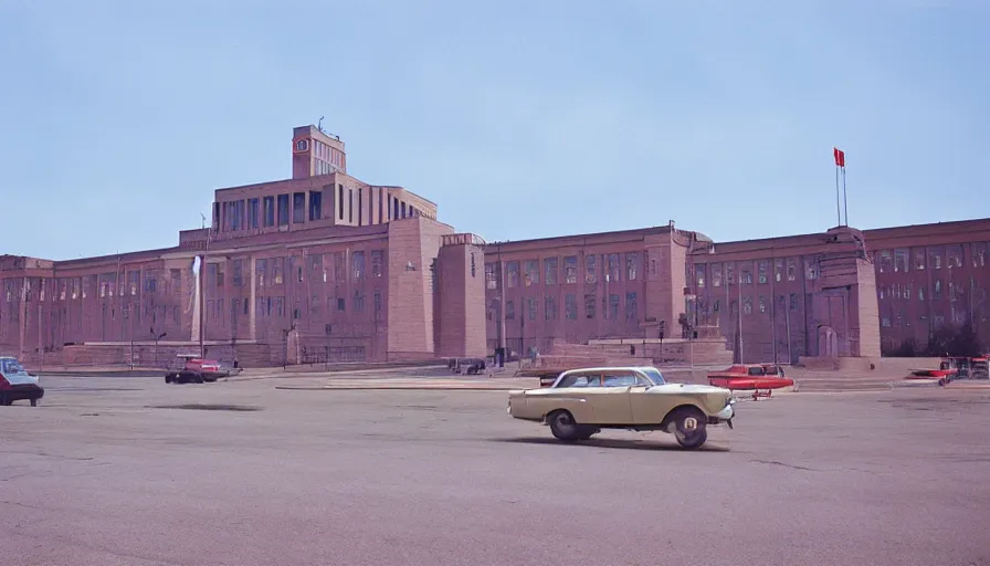 Prompt: 60s movie still of a sovietic museum stalinist style, cinestill 800t 10mm eastmancolor, liminal Space style, heavy grain, high quality, high details, panoramic
