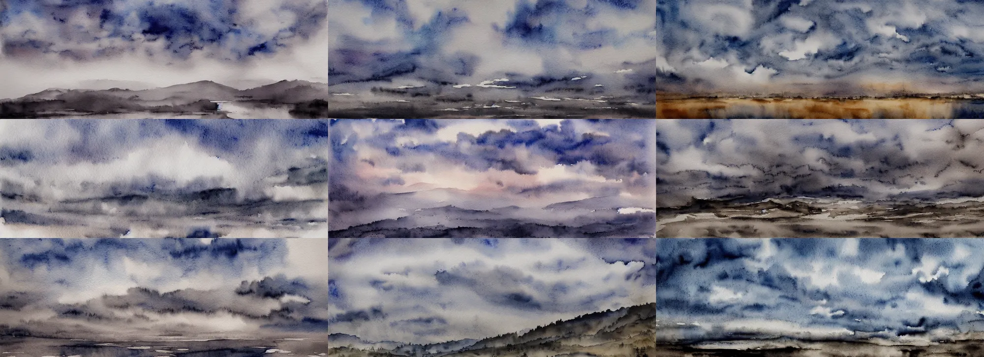 Prompt: desaturated epic sky highly detailed watercolor landscape by marina andreev