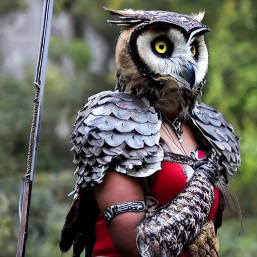 Image similar to full body photo of a female warrior wearing owl armour