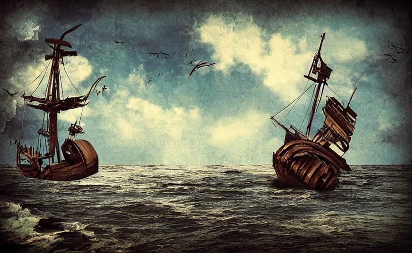 Image similar to “Pirate ship wreck falling from the sky, digital art, cinematic, award winning”