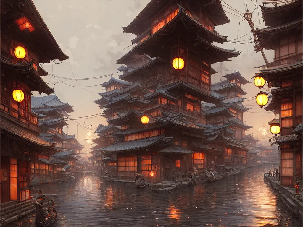 Prompt: old japanese street view from the harbor, d & d digital painting, intricate details, ultra realistic, beautiful, volumetric lighting, warm colors advance, cell shading, by james jean, greg rutkowski, gerald brom,