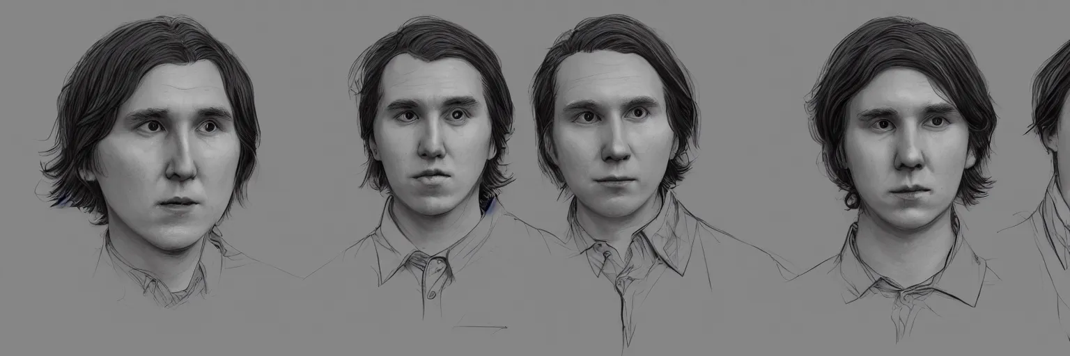 Image similar to character study of paul dano and todd solondz, 2 0 2 2, clear faces, emotional, character sheet, fine details, concept design, contrast, kim jung gi, pixar and da vinci, trending on artstation, 8 k, full body and head, turnaround, front view, back view, ultra wide angle