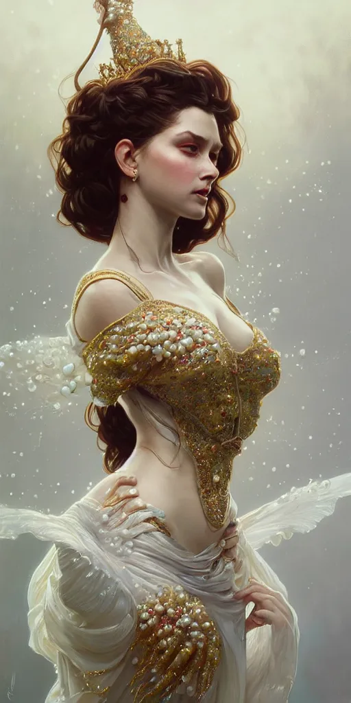 Image similar to a realistic liquid queen with a decorated dress made of white pearls , highly detailed, digital painting, Trending on artstation , HD quality, by artgerm and greg rutkowski and alphonse mucha, dramatic light, octane