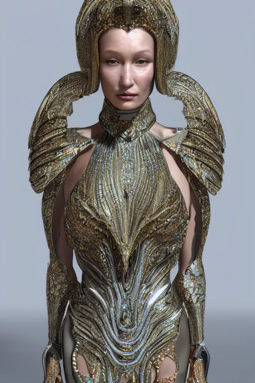 Image similar to a highly detailed metahuman 4 k close up render of an alien goddess bella hadid as athena in iris van herpen dress schiaparelli in diamonds crystals swarovski and jewelry in style of alphonse mucha gustav klimt trending on artstation made in unreal engine 4