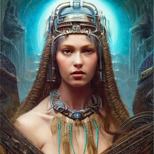 Image similar to octane render, artstation, 8 k, intricate detail, hyper detail, portrait by h. r. giger, gaston bussiere, bayard wu, greg rutkowski, greg rutkowski, sandro botticelli, tan lady of elche egyptian sumerian techno mystic goddess princess intergalactica inanna with aqua neon rapunzel dreadlocks,