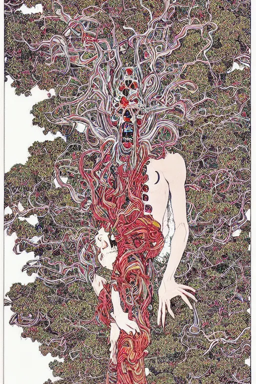 Prompt: body breaking apart, life like conjuring psychedelic illustration by shintaro kago, ultra realistic, highly detailed, hypermaximalist, symmetrical, rich deep colors. art by takato yamamoto. masterpiece