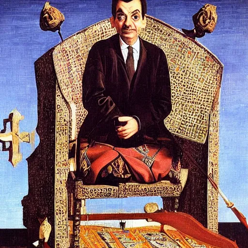 Prompt: A still of Mr. bean depicted as a medieval king on a throne, renaissance oil painting by Salvador Dali