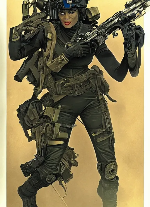 Prompt: Dinah. USN special forces futuristic recon operator. rb6s Concept art by James Gurney and Alphonso Mucha.