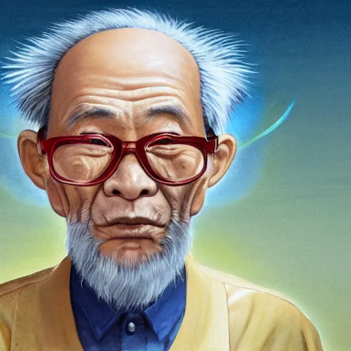 Prompt: Chinese old Man in his 80s, dark blond and salt-and-pepper hair with a short beard, thick dark glasses, blue eyes, big nose, wearing stripe shirt, jean and multicolor shoes, digital painting, 4k, anime key visual, rays of light, artstation, kuvshinov ilya, landscape by Noah Bradley