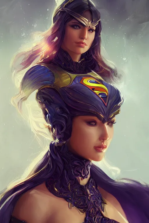 Image similar to three quarters portrait pose of a beautiful woman,super heroine costume,super powers, fantasy, intricate, elegant, highly detailed, digital painting, artstation, concept art,shining, sharp focus, illustration, art by Stanley Lau