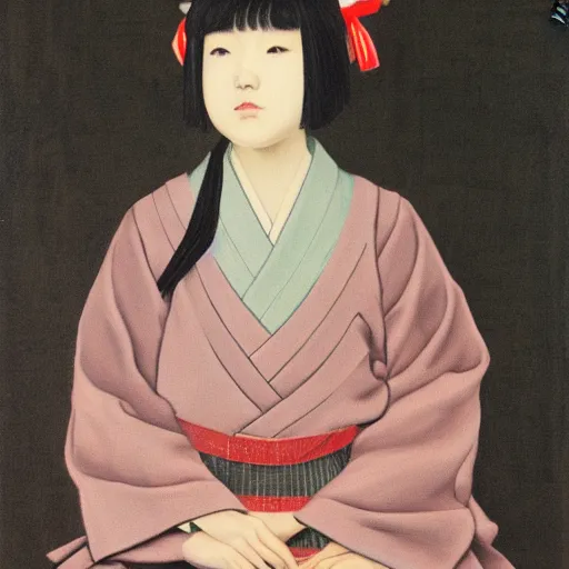 Image similar to a painting of Japanese schoolgirl, clothed, realism and naturalism