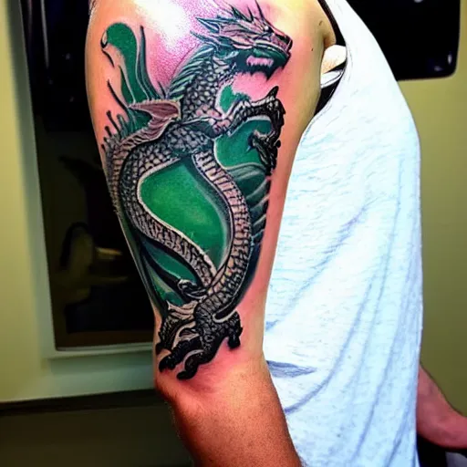 Image similar to Arm tatoo of a dragon starting from the elbow, wrapping around the wrist in a downward spiral, emerald placed inside of the dragons mouth
