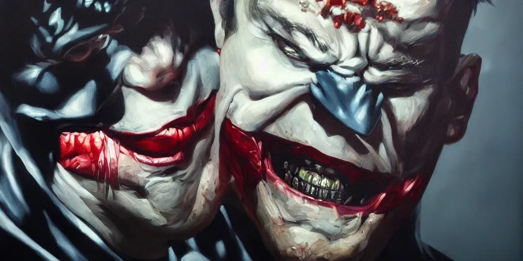 Prompt: a hyperrealistic oil painting of Batman fighting Joker; masterpiece, extremely highly detailed; ultra realistic; trending on artstation