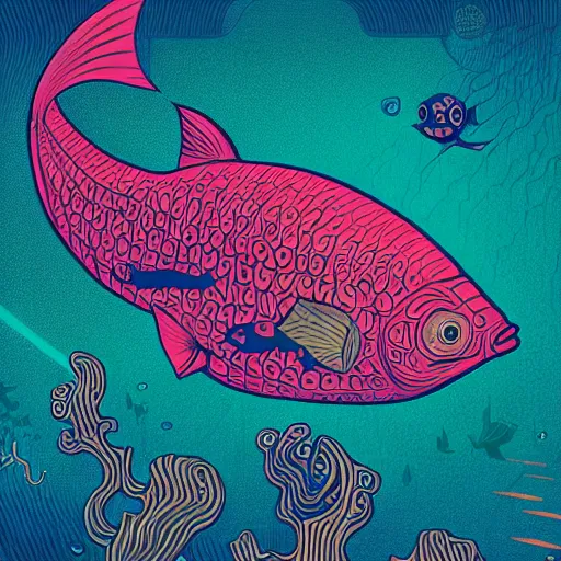 Image similar to one stylized fish, viewed in profile, dark ocean, complex patterns, artstation, intricate, realistic, highly detailed, digital painting, concept art, sharp focus, illustration by tom whalen and charles williams and kilian eng and james jean