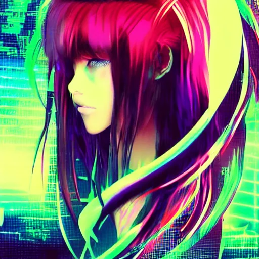 Prompt: cyberpunk anime woman with long hair, glitch art, digital art, EDM, trending on artstation, digital, abstract
