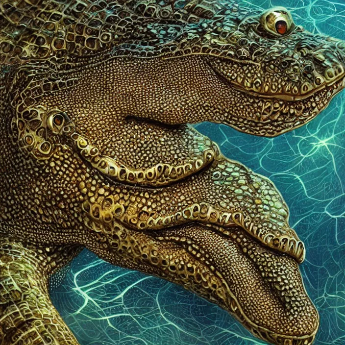 Image similar to symmetric! portrait of a anthropomorphic crocodile, fractal textured skin, glowing eyes, intricate detailed, background waves aquatic, luminescent digital art by paul barson and artgerm, 8 k hdr