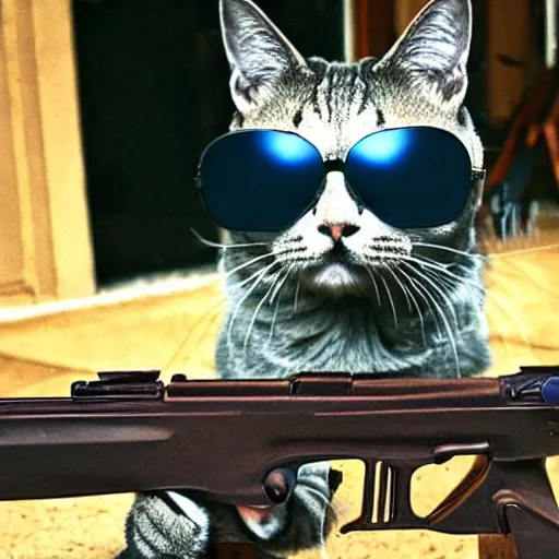 Prompt: a cat wearing sunglasses shooting a machine gun