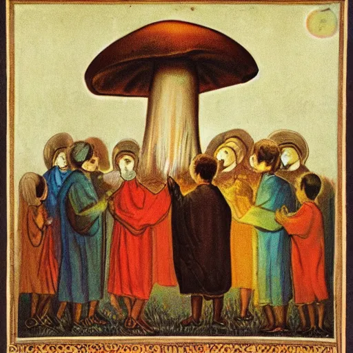 Image similar to acolytes worshipping glowing mushroom, orthodox image