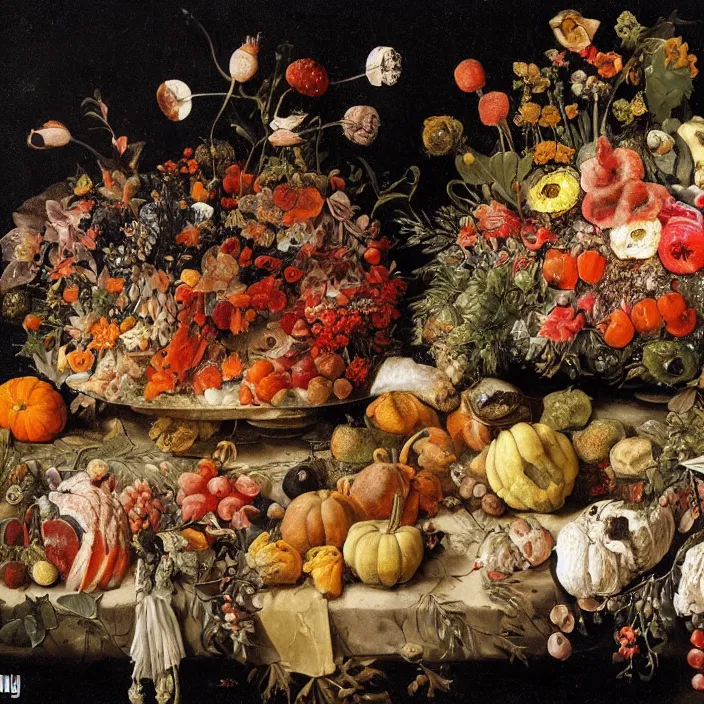 Image similar to victorian thanksgiving feast, flowers and fruits in a garden at night, black background, vanitas, a still life by giuseppe arcimboldo, a flemish baroque by jan van kessel the younger, intricate high detail masterpiece