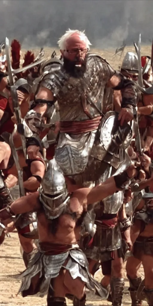 Image similar to Bernie Sanders dressed as Leonidas, with Leonidas beard, leading Spartans into battle, in screenshot from the 300 movie