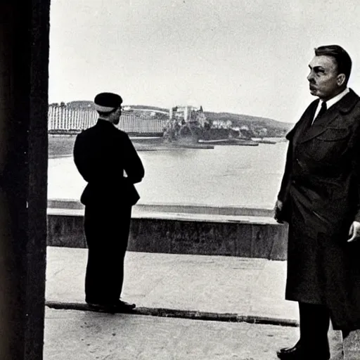 Image similar to leader of fascist hungary, viktor orban, overseeing the war torn city from the banks of the danube river in budapest during the siege 1 9 4 5, by edward hopper