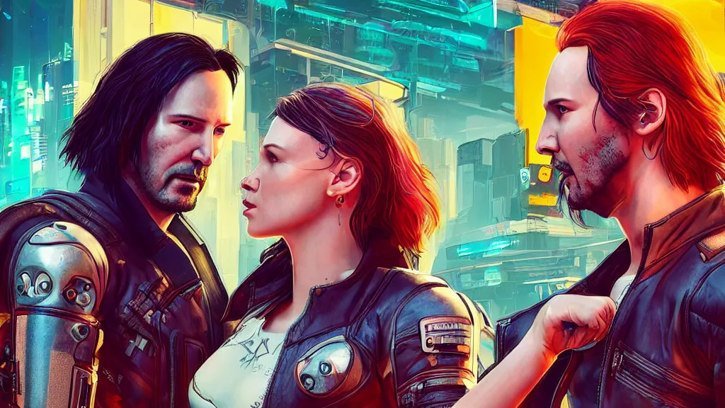 Image similar to a cyberpunk 2077 srcreenshot couple portrait of Keanu Reeves as johnny silverhand & female android in kiss,love story,film lighting,by Laurie Greasley,Lawrence Alma-Tadema,Dan Mumford,John Wick,Speed,Replicas,artstation,deviantart,FAN ART,full of color,Digital painting,face enhance,highly detailed,8K,octane,golden ratio,cinematic lighting