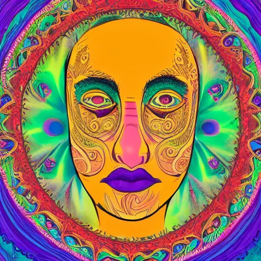 Image similar to a psychedelic illustration of my lehrman doing yoga, medium long brown orange hair, green eyes, round face, thin eyebrows, modern art, purple, pink, green, yellow, orange, dramatic, intricate, detailed, art by famous artist