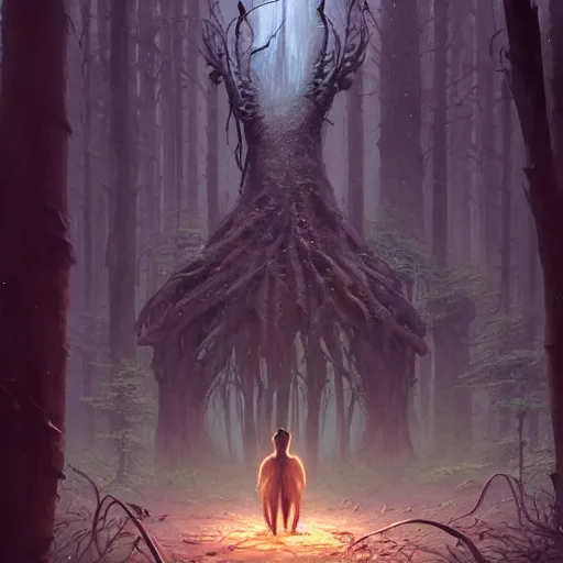 Prompt: highly detailed creepy forest humanoide creature in robes, stephen bliss, unreal engine, fantasy art by greg rutkowski, loish, rhads, ferdinand knab, makoto shinkai and lois van baarle, ilya kuvshinov, rossdraws, tom bagshaw, global illumination, radiant light, detailed and intricate environment