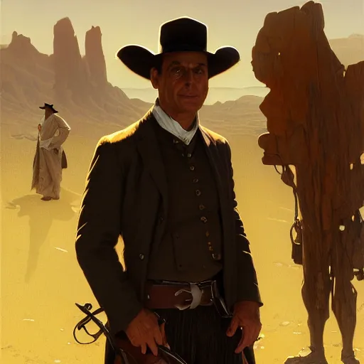 Prompt: clean shaven, tan, middle - aged christian priest with dark hair and dark clothes, three fourths shot, in wild west, highly detailed, digital painting, artstation, oppressive lighting, concept art, sharp focus, illustration, art by greg rutkowski and alphonse mucha