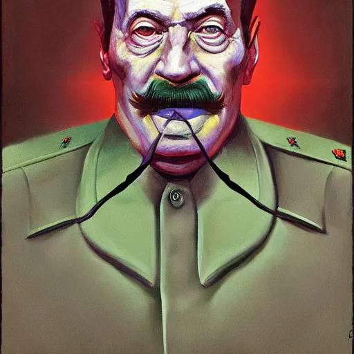 Prompt: Portrait of Stalin face half devil, highly detailed, very coherent, painted by Francis Bacon and Edward Hopper, Wayne Barlowe, painted by James Gilleard, surrealism, airbrush, art by JamesJean