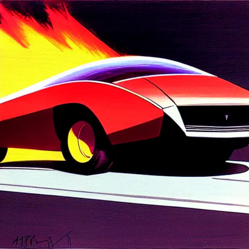 Image similar to concept art for a car that explodes on impact, painted by syd mead, high quality